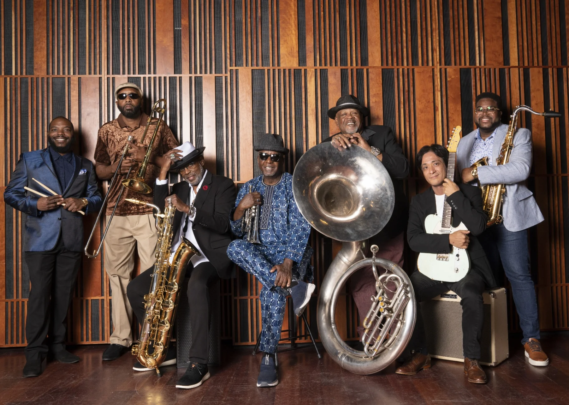 Dirty Dozen Brass Band group portrait with instruments